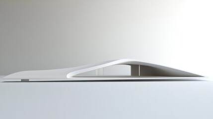 Modern minimalist white architectural structure, sleek design, curved roof, open space.