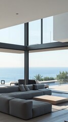 Fototapeta premium Modern Coastal Living Room With Panoramic Views of the Ocean During Daytime