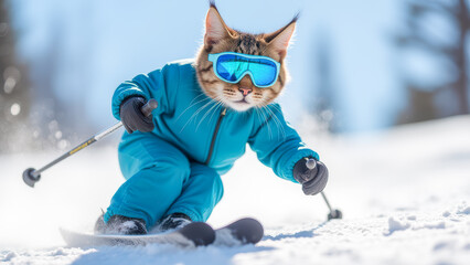 A Playful Cat in Ski Gear Speeding Down a Snowy Slope in Bright Blue Outfit and Stylish Goggles, Enjoying a Fun Day on the Slopes