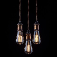 A group of three hanging light bulbs with exposed filaments, arranged symmetrically