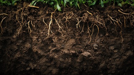 Fototapeta premium Close-up view of soil cross-section revealing intricate root systems and earth's composition.