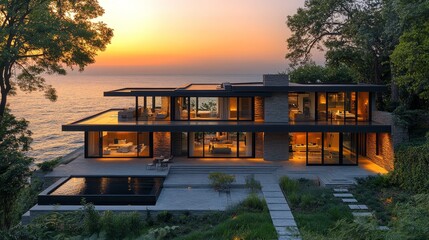 Obraz premium Modern Coastal Home With Stunning Views at Twilight Near the Ocean in a Serene Landscape