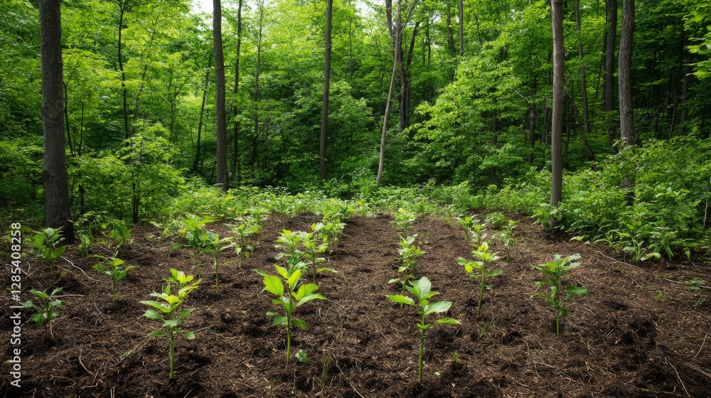 Poster a lush forest clearing with freshly planted saplings surrounded by older trees, showcasing the progr