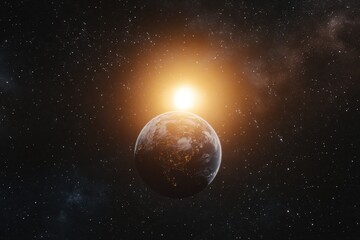 Fototapeta premium Sunrise over Earth viewed from space reveals the beauty of our planet's atmosphere, The sun rising behind the Earth as viewed from space (Some elements furnished )