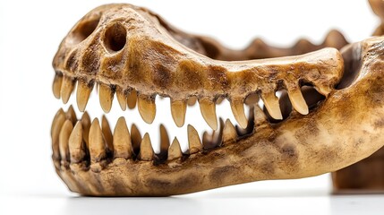 Naklejka premium Close-up of a T-Rex figurine's jaw and teeth, showcasing prehistoric predator's fierce anatomy. 