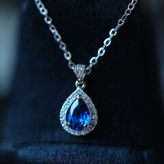 A luxury sapphire necklace with a teardrop blue gemstone surrounded by tiny diamonds