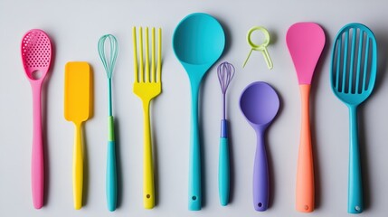 Culinary Rainbow: A vibrant collection of colorful cooking utensils, arranged in a row, ready for culinary adventures.