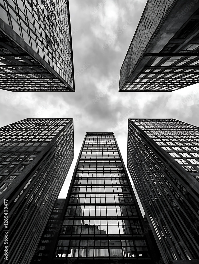 Poster stunning view of modern skyscrapers from below in black and white : generative ai