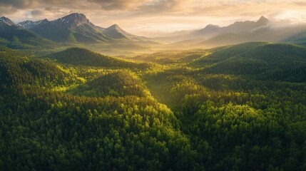 An aerial panorama of a lush forest leading to rugged mountains, with a radiant sunrise painting the sky in warm tones.