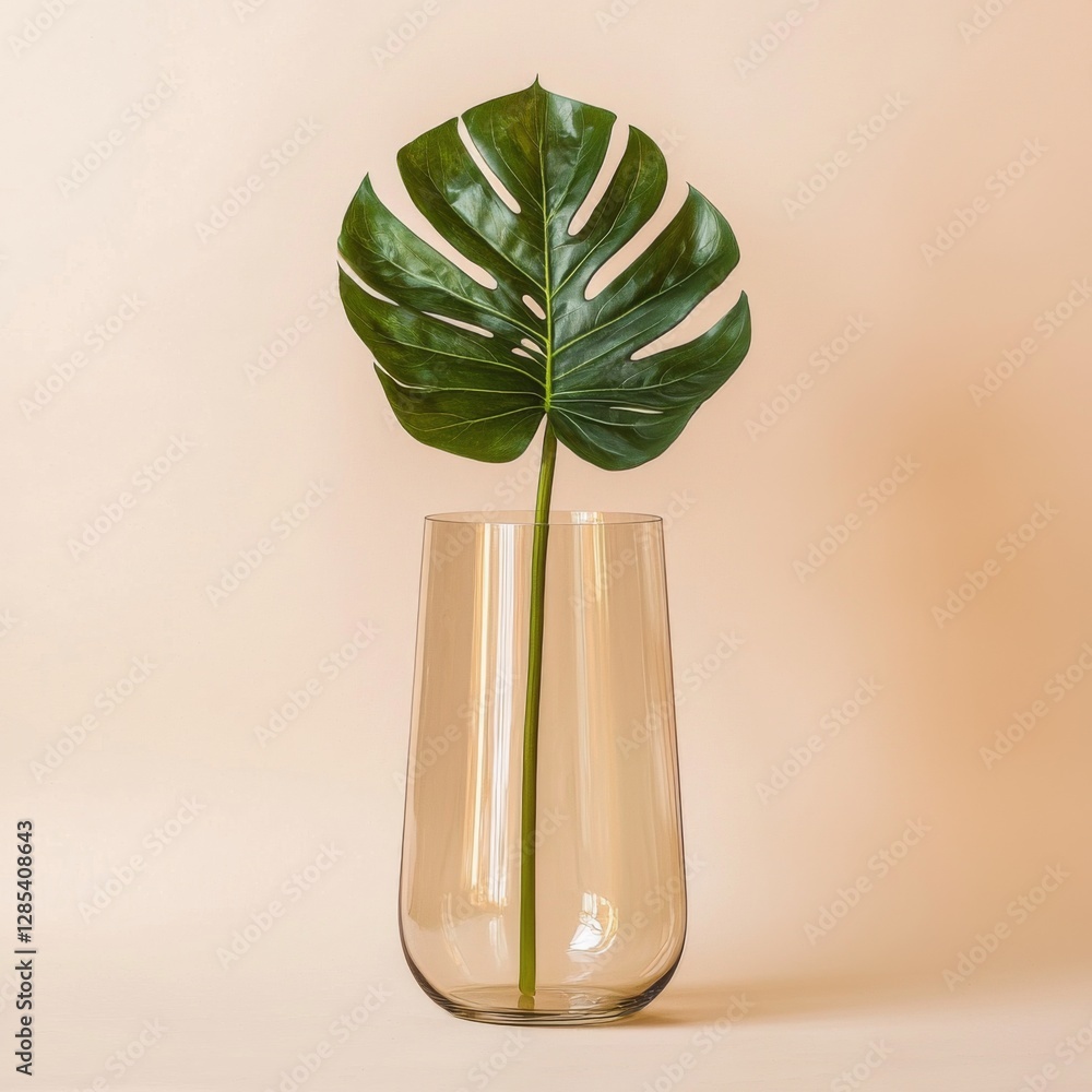 Poster a minimalist transparent vase with a single large leaf arranged in it