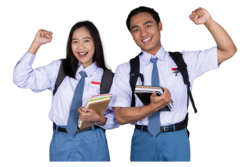 Indonesian Male and Female High School Student in Uniform Gesture Celebrating Isolated Transparent