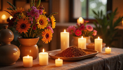 Decorative ancestral altar with flowers and candles in warm lighting, remembrance