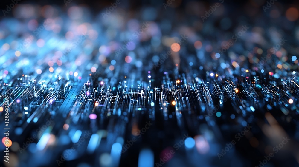 Fototapete Stunning abstract digital background with vibrant glowing lights and data flow in a dark setting : Generative AI