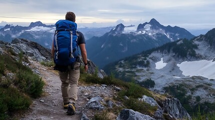 Fototapeta premium Back view of a hiker walking on a scenic mountain trail with a backpack overlooking a stunning landscape : Generative AI