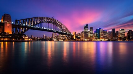 Naklejka premium Sydney Harbour Bridge and City Skyline at Dusk Colorful Evening Lights : Generative AI