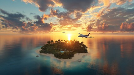 Sunset Over Tropical Island With Airplane Flying Above and Tranquil Waters Reflecting Vibrant Colors