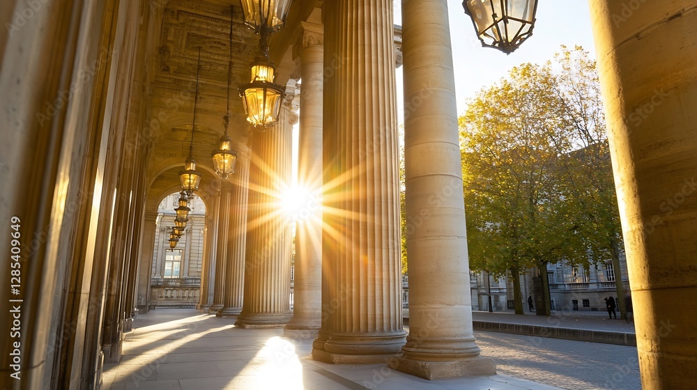 Poster golden light through classical architecture with pillars and trees in autumn : generative ai
