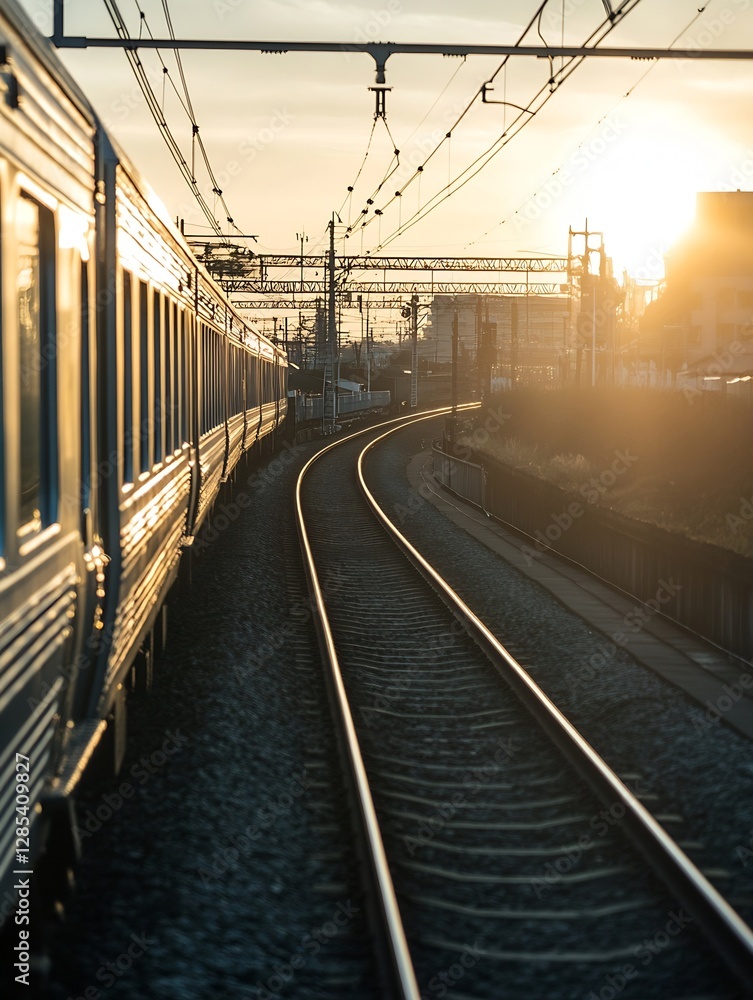 Aufkleber charming railway track curving towards a vibrant sunset in a serene environment : generative ai