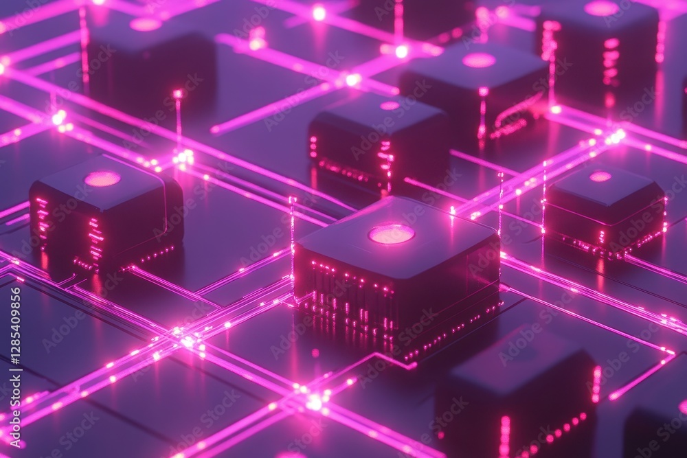Poster data blocks gather in a glowing network of interconnected circuits, animation depicting data blocks 