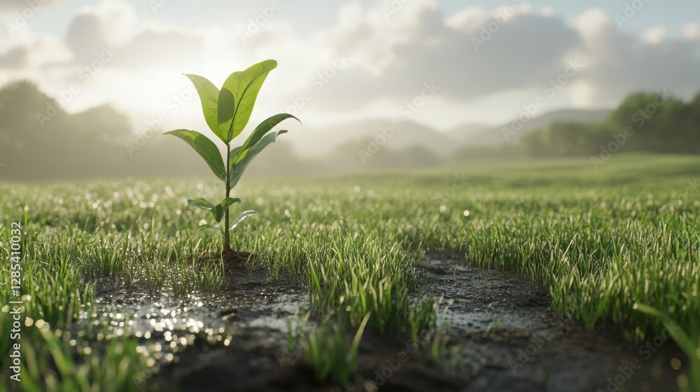 Poster a serene image of a freshly planted sapling in a peaceful meadow, with dew-covered grass and soft mo