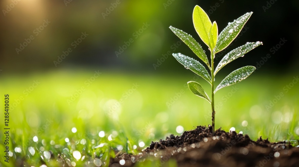 Poster a serene image of a freshly planted sapling in a peaceful meadow, with dew-covered grass and soft mo