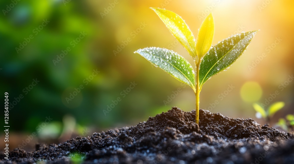 Poster a serene image of a freshly planted sapling in a peaceful meadow, with dew-covered grass and soft mo