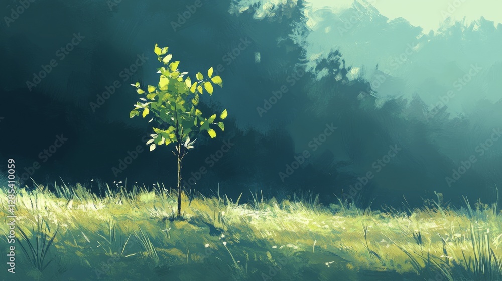 Poster a serene image of a freshly planted sapling in a peaceful meadow, with dew-covered grass and soft mo