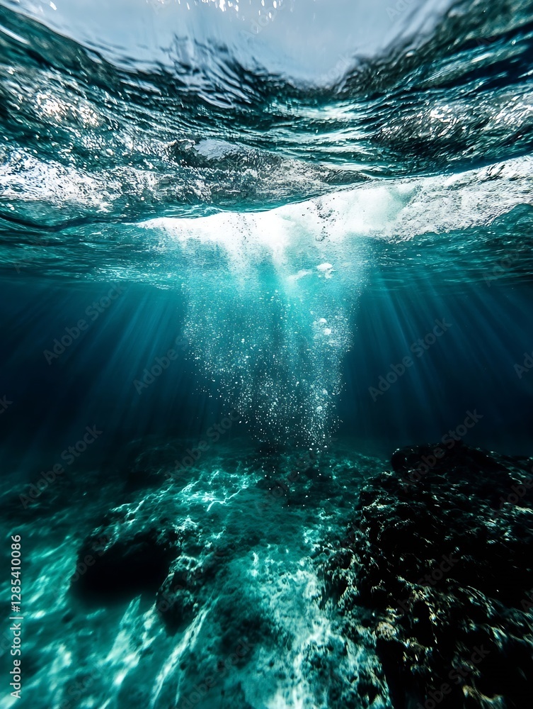 Poster underwater scene showing sunlight and bubbles in turquoise waters : generative ai