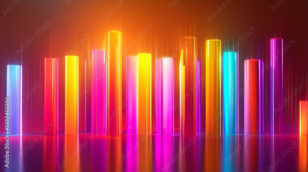Poster a set of glossy d bars rising dramatically from a financial dashboard, with neon highlights and subt