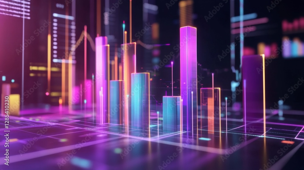 Poster a set of glossy d bars rising dramatically from a financial dashboard, with neon highlights and subt