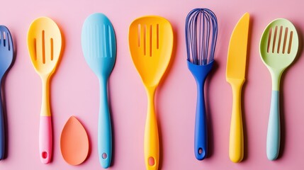 Culinary Collection: A vibrant assortment of colorful cooking utensils, artfully arranged, hinting at culinary creativity. 
