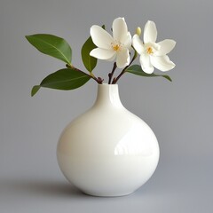 A simple white vase with a smooth, glossy finish, holding delicate white flowers