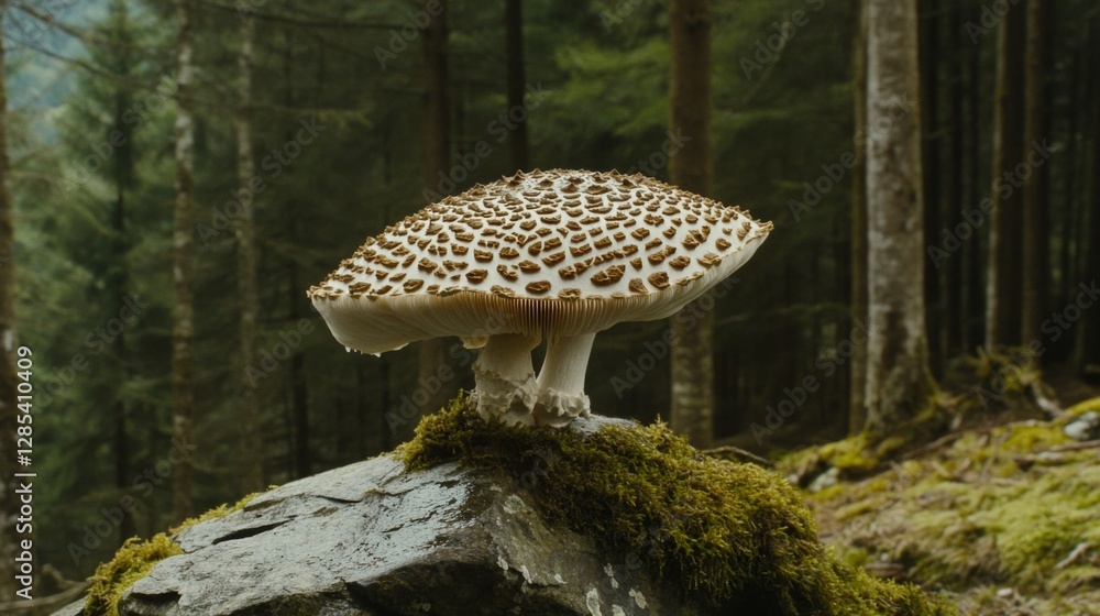 Aufkleber A single large mushroom with intricate patterns on its cap, adorned with droplets of water, placed on a mossy stone in a serene forest setting