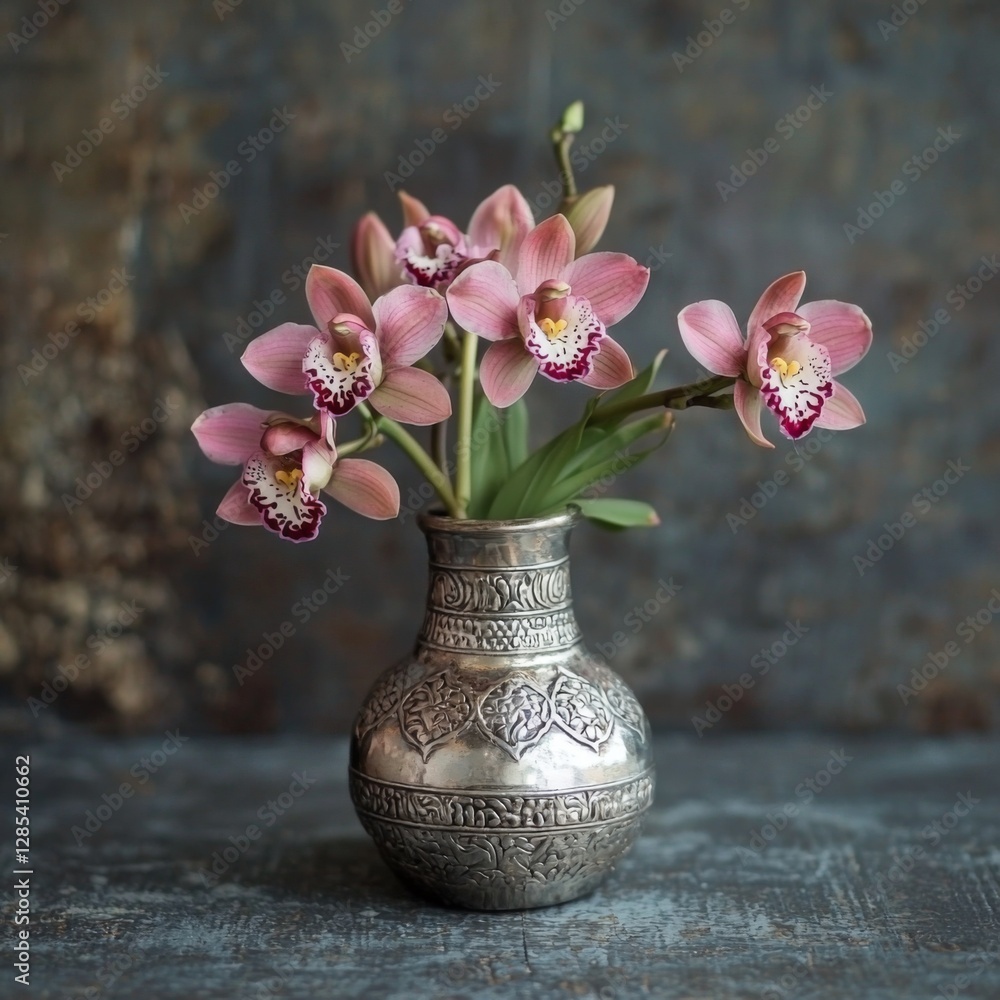 Poster a small, elegant silver vase with intricate details, filled with delicate orchids
