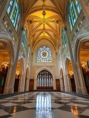 Obraz premium Stunning architectural interior of a grand hall with stained glass and elegant design : Generative AI