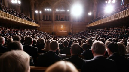 Naklejka premium Large Audience in a Grand Chamber with Dramatic Lighting and Engaged Viewers : Generative AI