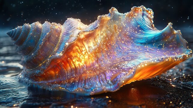 A surreal, iridescent shell with vibrant colors rests on the dark ocean floor, creating a dreamlike atmosphere Its intricate details and shimmering surface evoke a sense of wonder and mystery