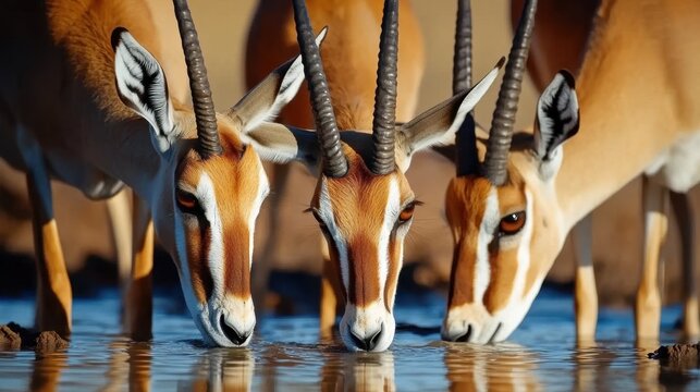 A group of springboks gathered around a waterhole in Etosha National Park, drinking and interacting in the early morning light.