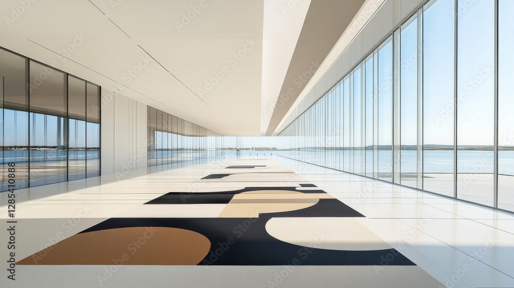 Poster a spacious modern hallway featuring sleek design elements, large windows allowing natural light to f