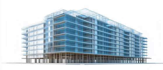 A 3D CAD visualization of a high-rise residential building, designed with blue wireframe architecture