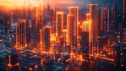 A futuristic neon hologram interface displays a conceptual blueprint for modern residential construction, symbolizing innovation, smart technology, and the future of urban architecture