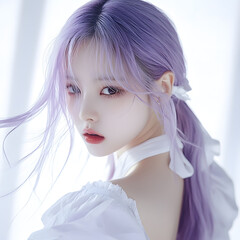 Fototapeta premium A beautiful young woman with flowing lavender hair looks over her shoulder, her gaze captivating and alluring against a soft, diffused white background.