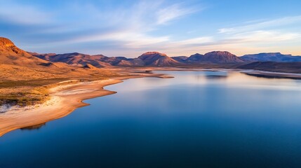 Obraz premium Majestic landscape of a serene lake surrounded by mountains under a beautiful sky at sunset : Generative AI