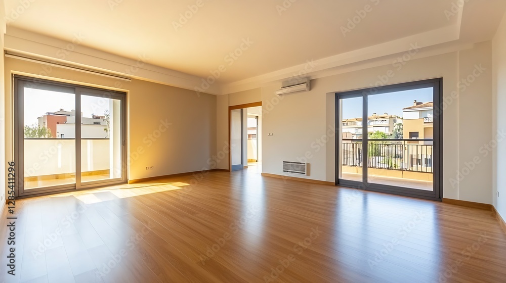 Poster spacious and bright empty living room with large windows filling the space with natural light : gene