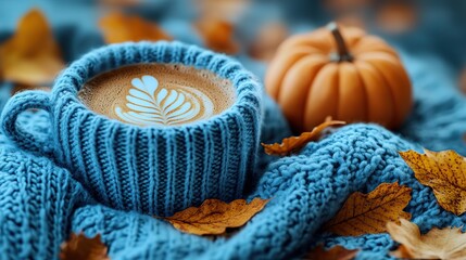 A sweater, hat, coffee, leaves, and pumpkins create a warm vertical autumn scene.