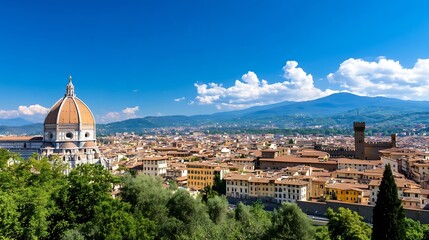 Panoramic view of Florence featuring the iconic architecture and rolling hills under sunny skies : Generative AI