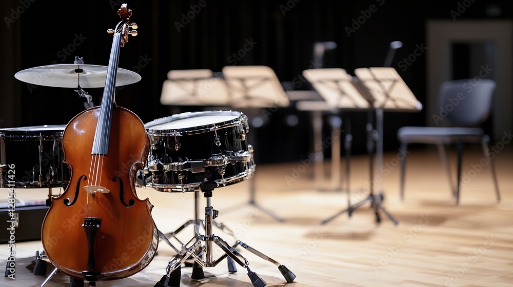Poster Musical instruments set on stage with a cello and drums ready for performance : Generative AI