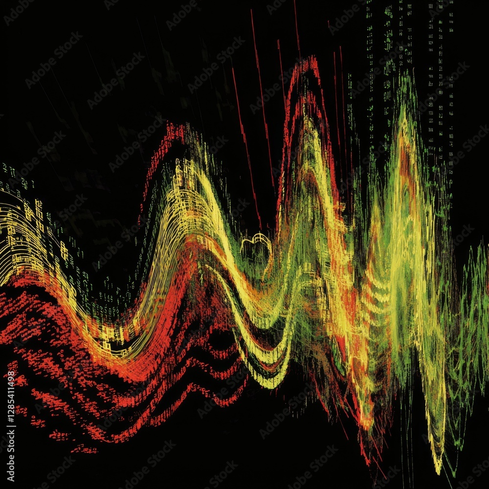 Poster a stock market graph with candlestick patterns in green and red, indicating price movement
