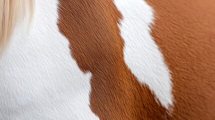 Close up of a horse's coat with chestnut and white markings.