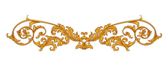 Vintage golden element with intricate scrolls for decorative design print in Baroque style